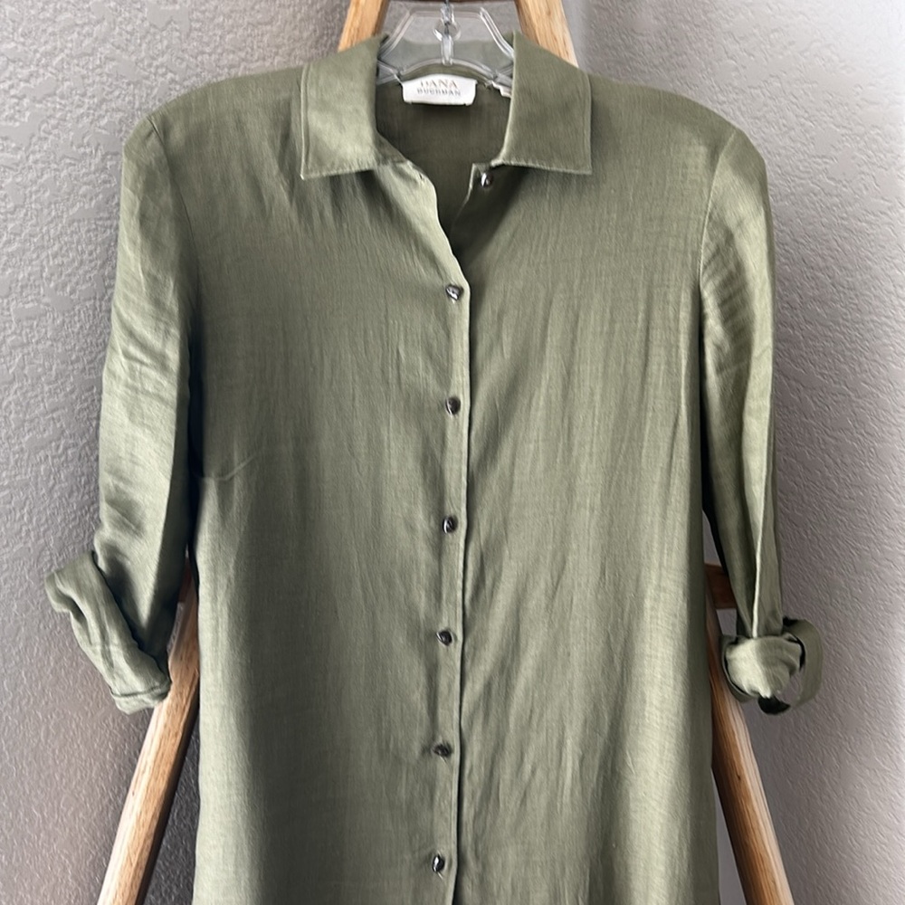 Dana Buchman Olive Green Linen Midi Shirt Dress Roll Tab Sleeve - Picture 5 of 7
